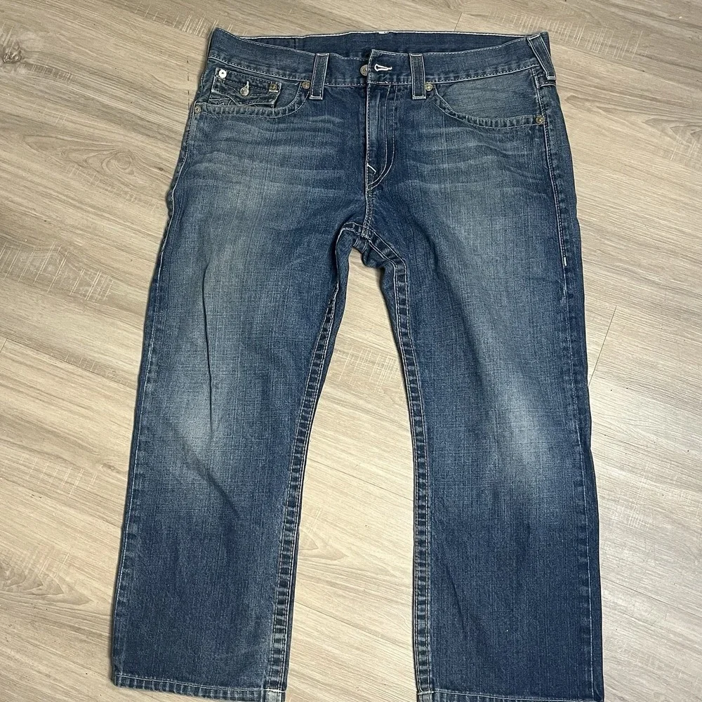 True Religion Men's Blue Denim Jeans Straight Leg W/Flaps Size‎ 38x25